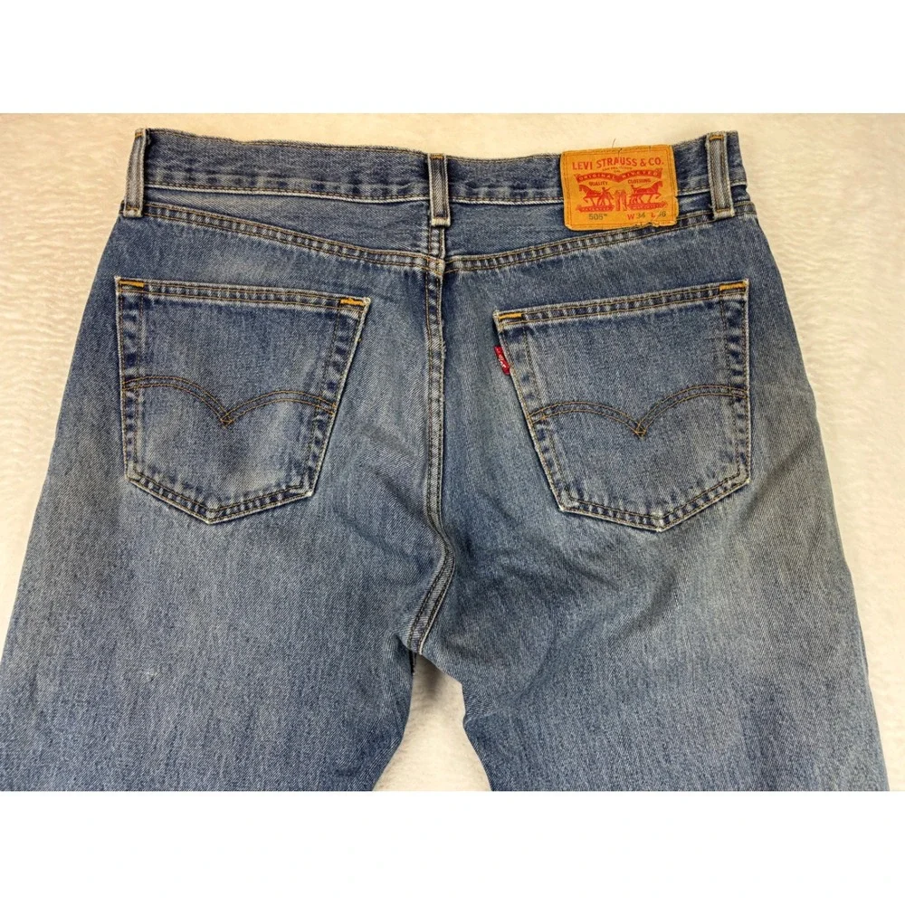 Levis 505 Mens 34x36 Jeans Grungy Medium Blue Washed Denim Distressed True Fade